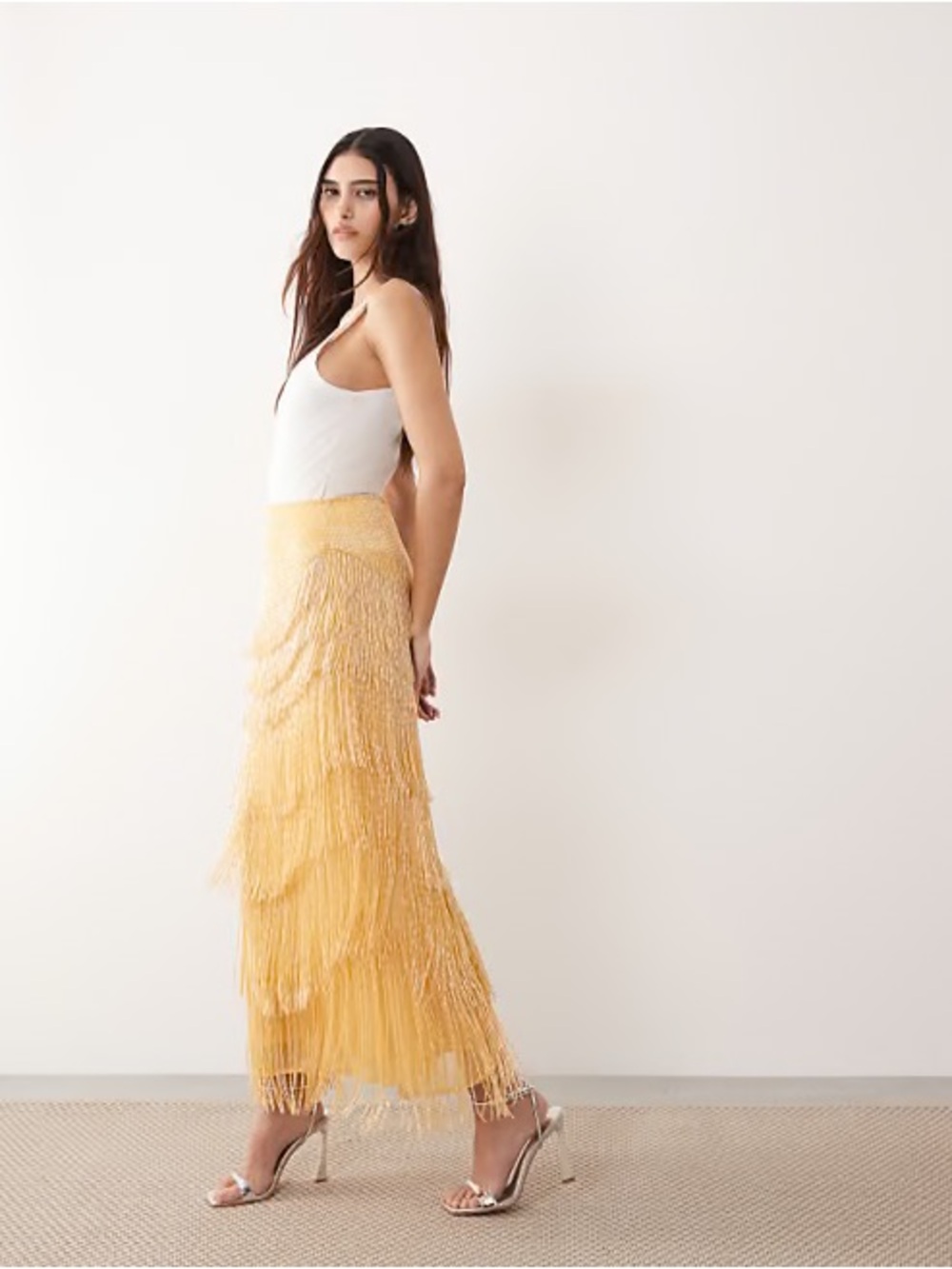 ARRANGE beaded fringe column midaxi skirt in yellow